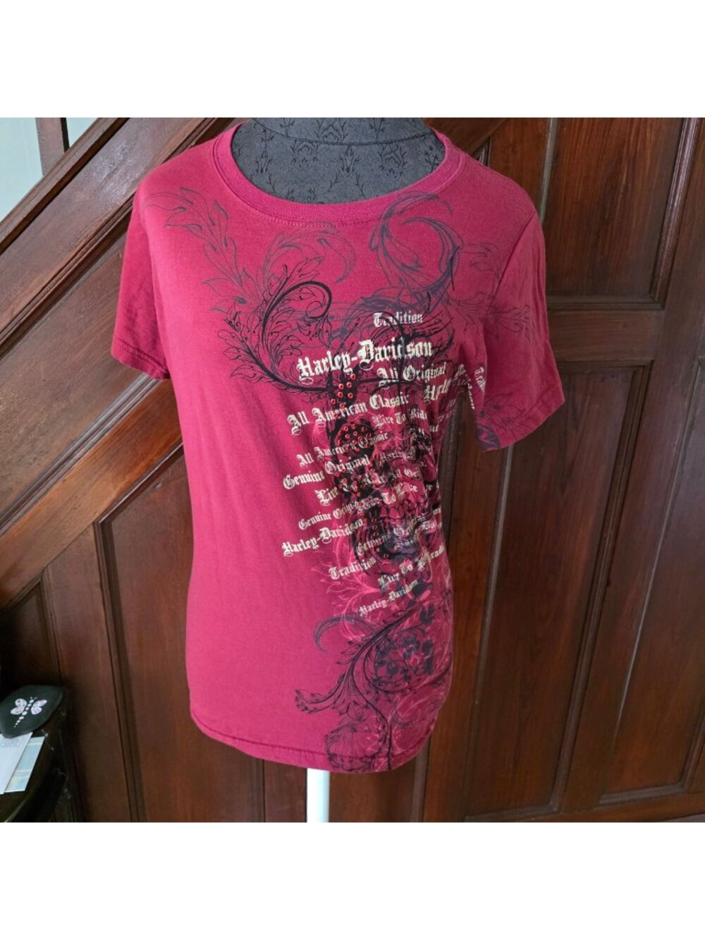 Harley-Davidson Womens Red Graphic T-Shirt Rhinestones Barnett El Paso Texas L